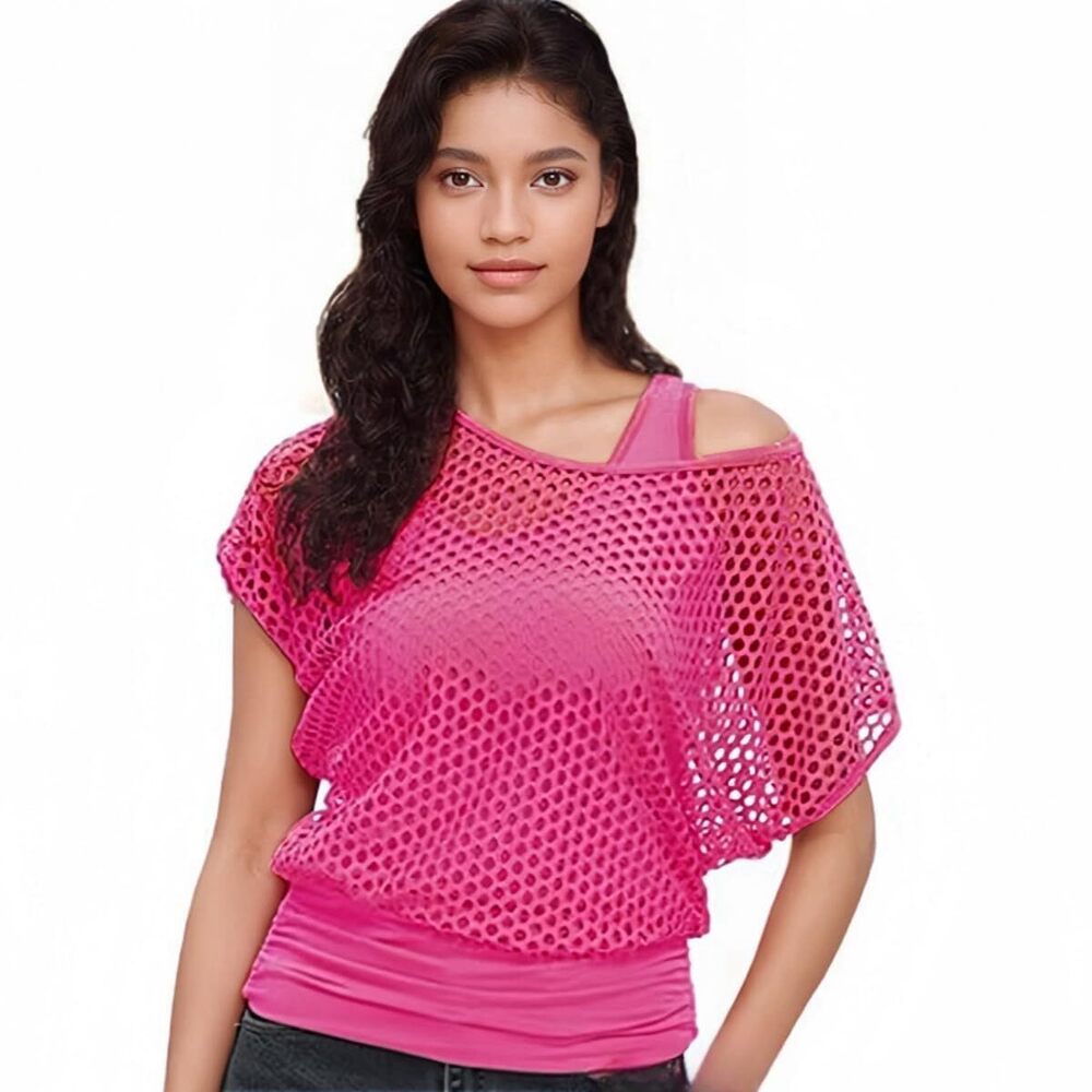 3212 80s Mesh Fishnet Tops Vest Neon Fishnet Off Shoulder T-Shirt Tank Top